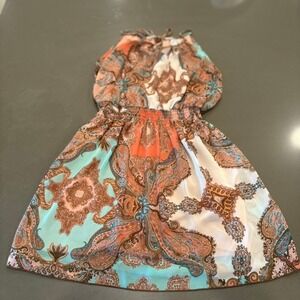 Sweet Storm Womens Paisley Halter Mini Dress Coral Teal Smocked Waist Medium